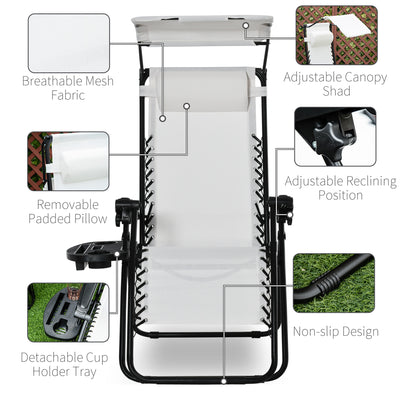 Outsunny Zero Gravity Garden Folding Patio Sun Lounger w/Cup Holder & Canopy Shade White 
