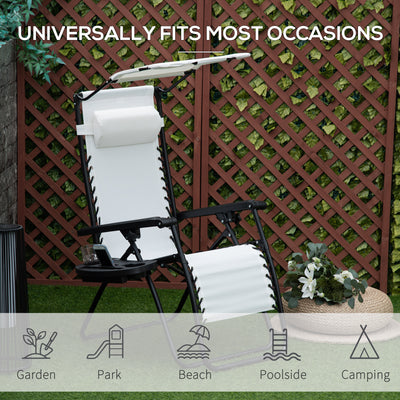 Outsunny Zero Gravity Garden Folding Patio Sun Lounger w/Cup Holder & Canopy Shade White 