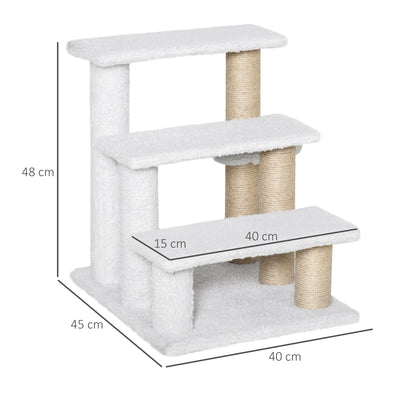 PawHut Pet Stair with 3-step Climb Ladder, Scratching Posts, Platforms, Toy Ball, for Indoor Elderly Cats Kittens, White 