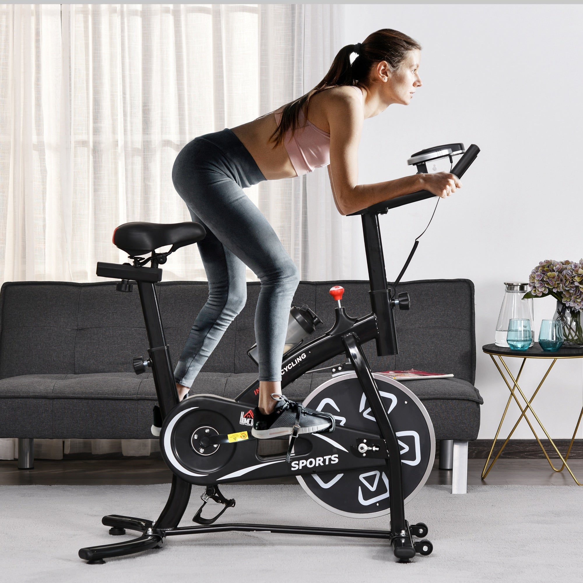 HOMCOM Indoor Stationary Exercise Bike 6kg Flywheel Fitness Cardio Workout Bke Trainer for Home Gym w/ Adjustable Resistance LCD Monitor Pad and Bottle Holder Black 