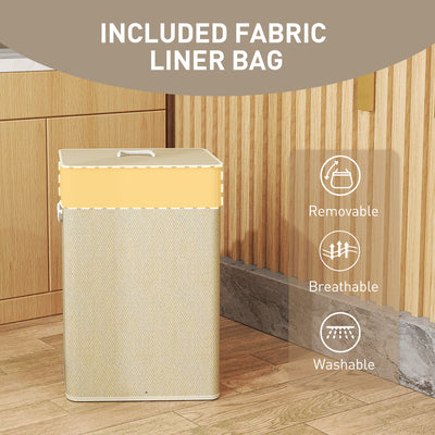 HOMCOM Bamboo Laundry Basket with Lid, 72L Laundry Hamper with Rope Handles, Washing Basket with Removable Washable Liner Bag for Bathroom, Bedroom, Nature Wood Finish 
