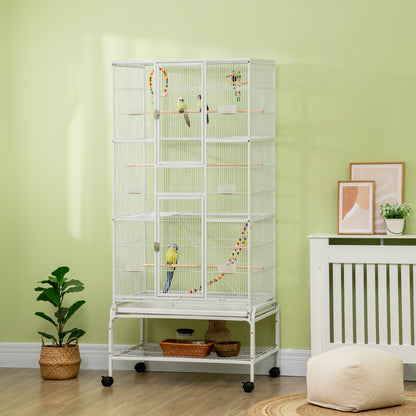 PawHut Large Bird Cage Budgie Cage 3 Tier Aviary with Stand Wheels, Toys, Ladders, Shelf for Canaries, Finches, Cockatiels, Parakeets - White 