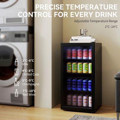 HOMCOM 93L Drinks Fridge, 115 Can Freestanding Beer Fridge with Glass Door, Adjustable Shelves, LED Light, for Beer Soda, Black 