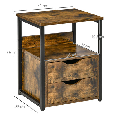 HOMCOM Industrial Side Table Set of 2, Sofa Table with Drawer, Bedside Cabinet with Storage Shelf, Slim Nightstand for Living Room, Bedroom, Rustic Brown 