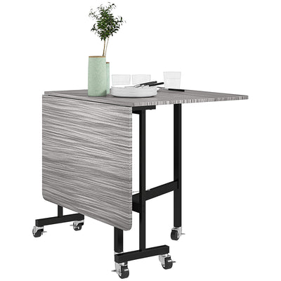 HOMCOM Six-Seater Drop-Leaf Dining Table, with Wheels - Grey Wood-Effect 