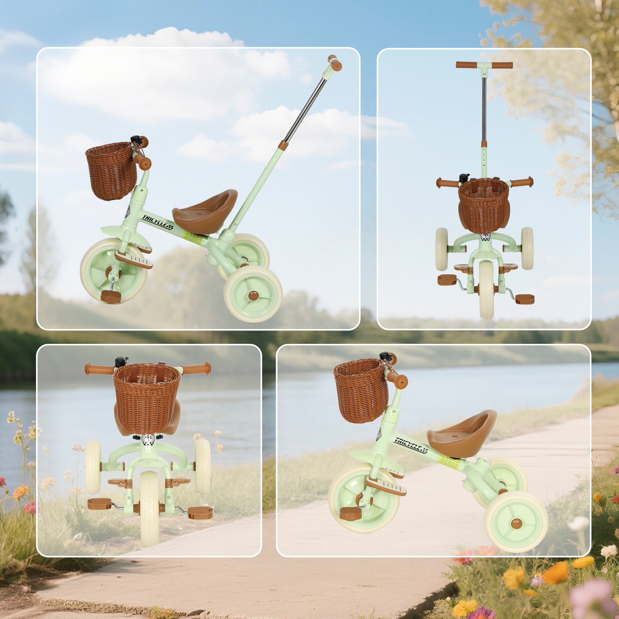 AIYAPLAY 2-In-1 Toddler Trike for 2-5 Years Old, 3 Wheel Bike with Adjustable Parent Handle, Basket for Boys and Girls, Green