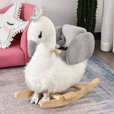 HOMCOM Kids Children Rocking Horse Plush Ride On Swan w/ Sound Wood Base Seat Safety Belt Toddler Baby Toy Rocker 18 - 36 Months 