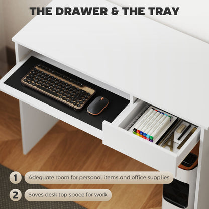 HOMCOM Compact Computer Desk with Keyboard Tray, Home Office Desk with Drawer for Bedroom Study, White 