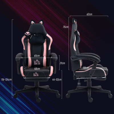HOMCOM Cat Ear and Paw Reclining Office Chair, with Footrest - Black/Pink 