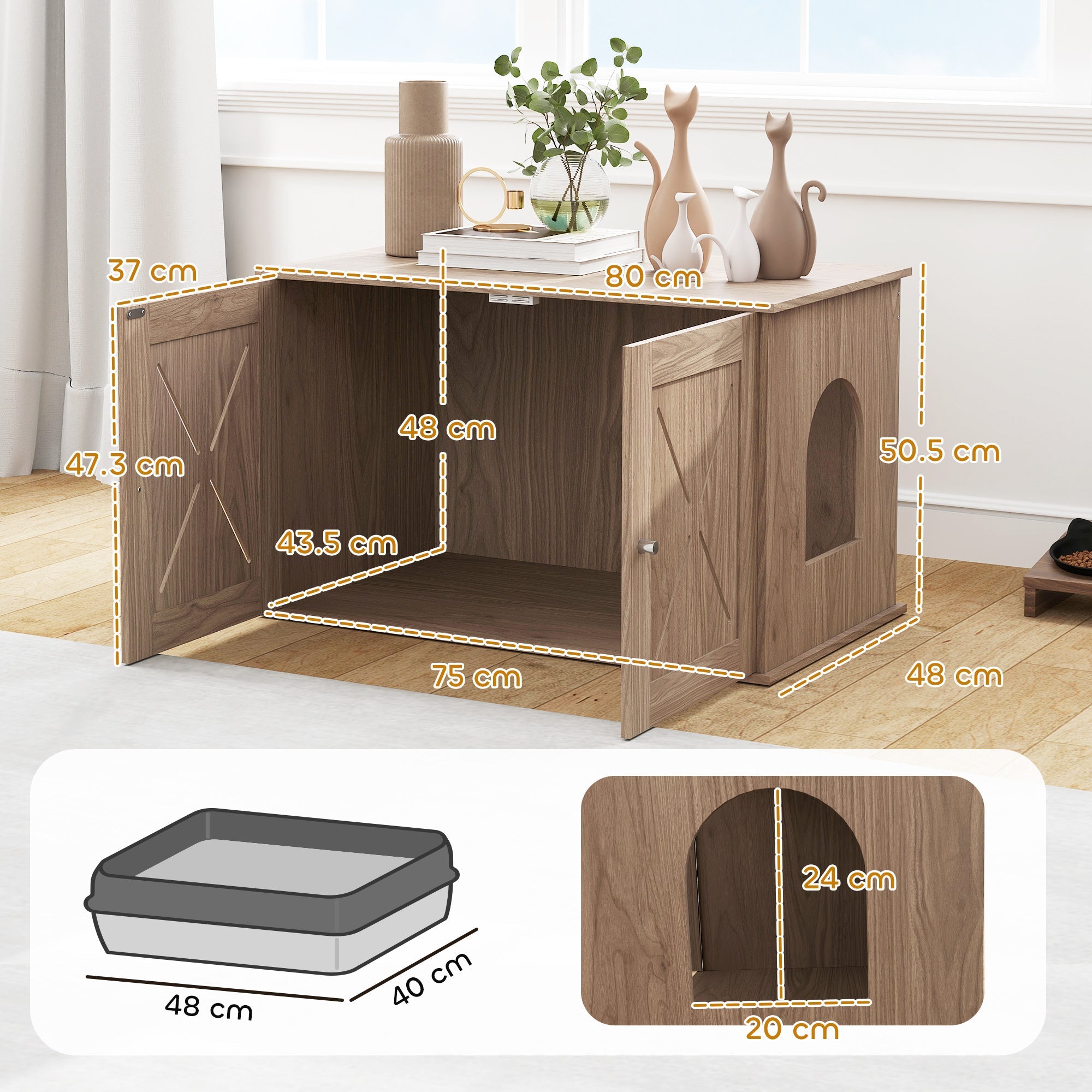 PawHut Cat Litter Box Enclosure with Double Doors and Side Entrance, Non-Slip Pads for Living Room, Walnut Brown 