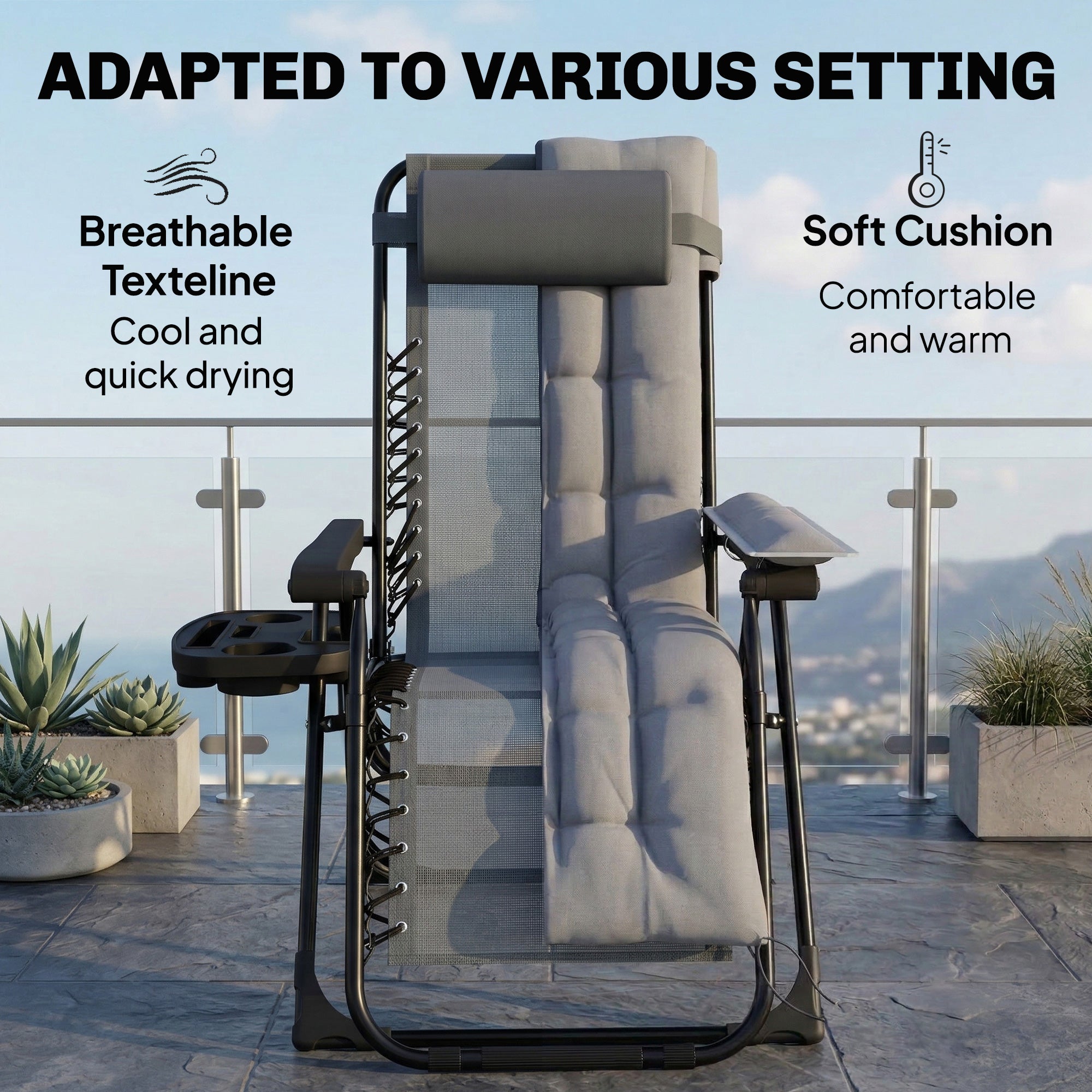 Outsunny Zero Gravity Chair, Folding Sun Lounger Reclining Garden Chair with Arm Pads, Cushion, Cup Holder, Headrest, Light Grey 