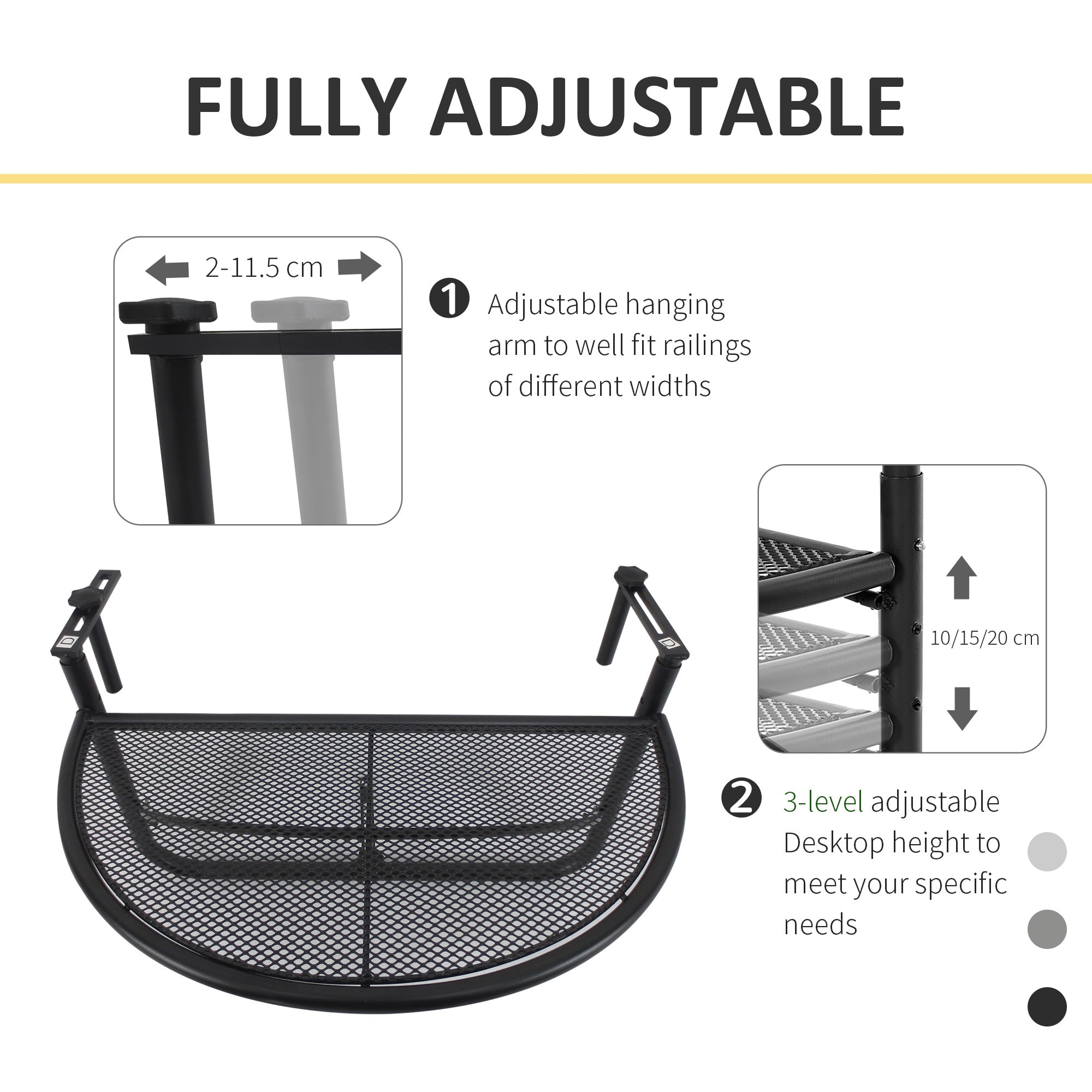Outsunny Semi-Circular Attachable Balcony Hanging Coffee Table Adjustable Side Metal Table 