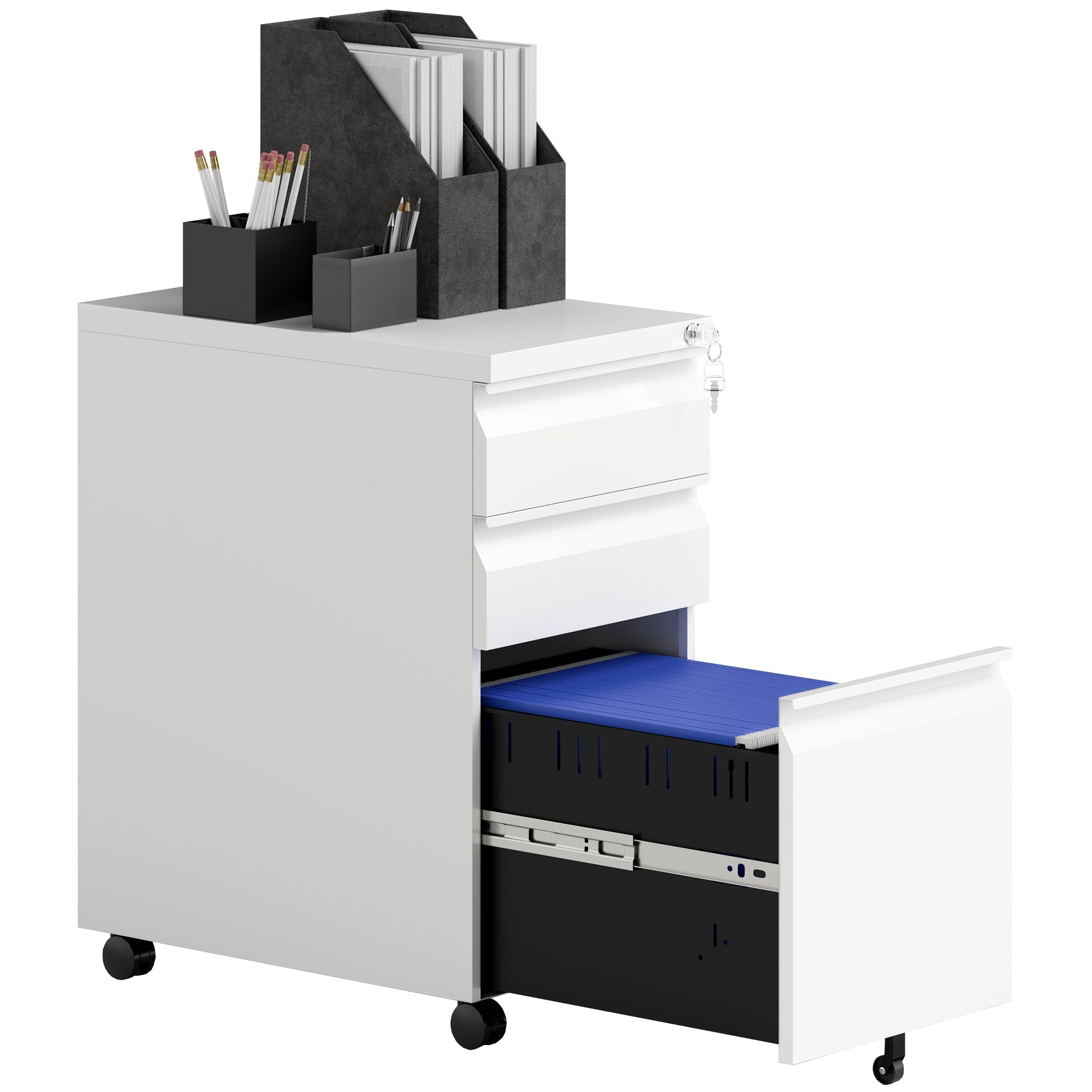 Vinsetto 3-Drawer Steel Filing Cabinet with Lock and Wheels - White 