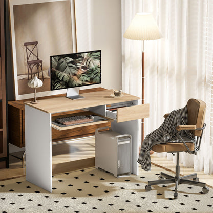 HOMCOM Compact Computer Desk with Keyboard Tray, Home Office Desk with Drawer for Bedroom Study, Oak 