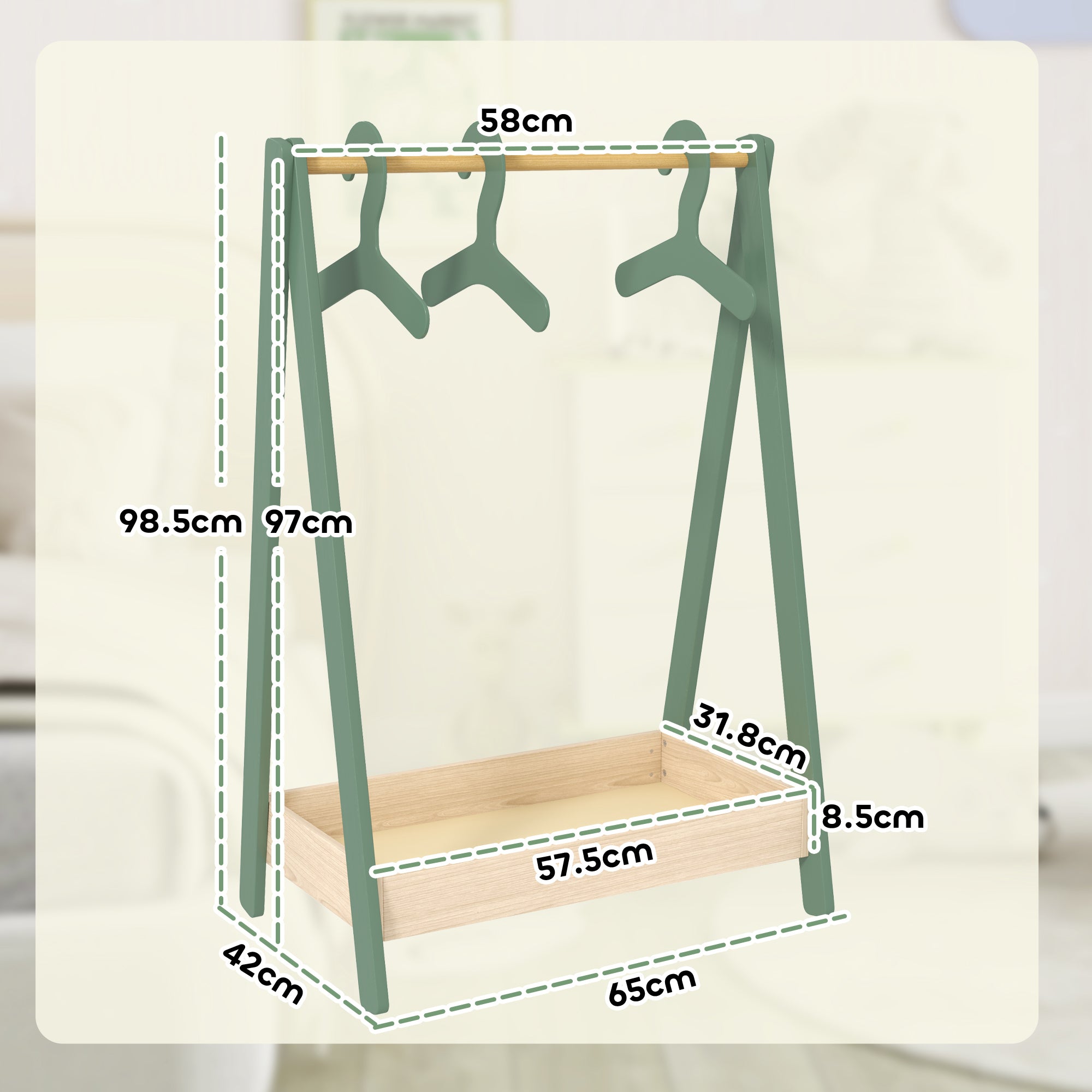AIYAPLAY Kids Clothes Rail with 3Hangers, Bottom Storage Shelf for Girls, Boys, Nursery, Bedroom, Green 
