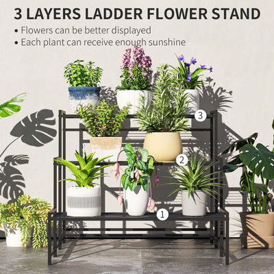 Outsunny Three-Tier Metal Plant Shelf - Black 