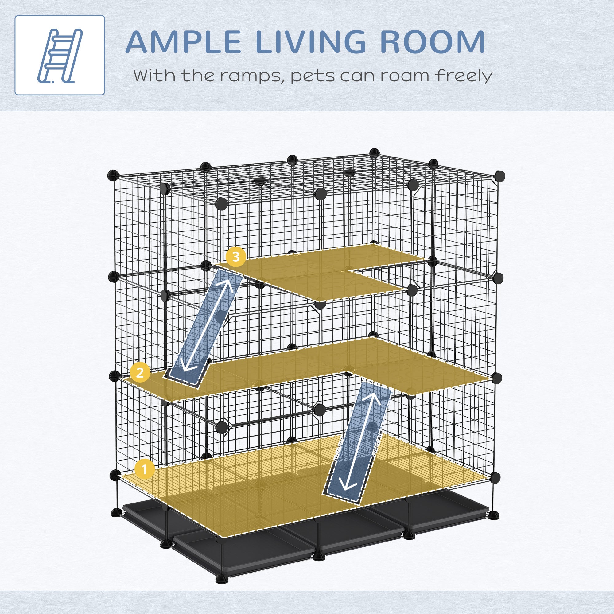 PawHut 3 Level DIY Pet Playpen Metal Small Animal Cage Rabbit Ferret Chinchillas Cage 4 Doors Bottom Trays Black 