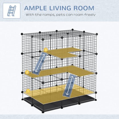 PawHut 3 Level DIY Pet Playpen Metal Small Animal Cage Rabbit Ferret Chinchillas Cage 4 Doors Bottom Trays Black 