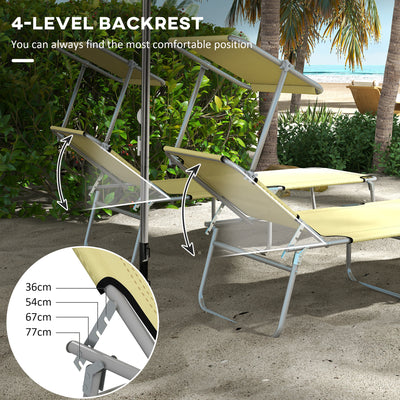 Outsunny Outdoor Foldable Sun Lounger Set of 2, 4 Level Adjustable Backrest Reclining Sun Lounger Chair with Angle Adjust Sun Shade Awning for Beach, Garden, Patio, Beige 