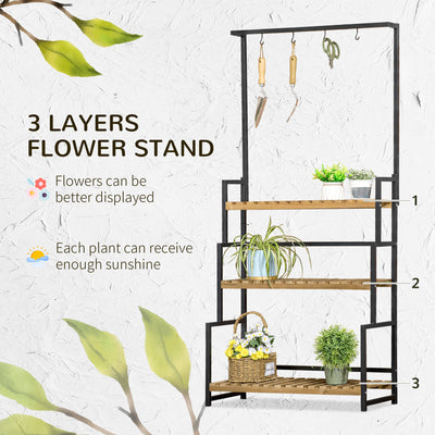 Outsunny 3 Tiered Plant Stand with Hanging Hooks, Flower Rack Shelf for Indoor Outdoor Porch Balcony Living Room Bedroom 