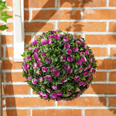 HOMCOM Set of 2 Decorative Artificial Plants, UV-protected Artificial Plant Topiary Rose Balls, Fake Plants for Home Indoor outdoor Decor, 28cm, Purple 