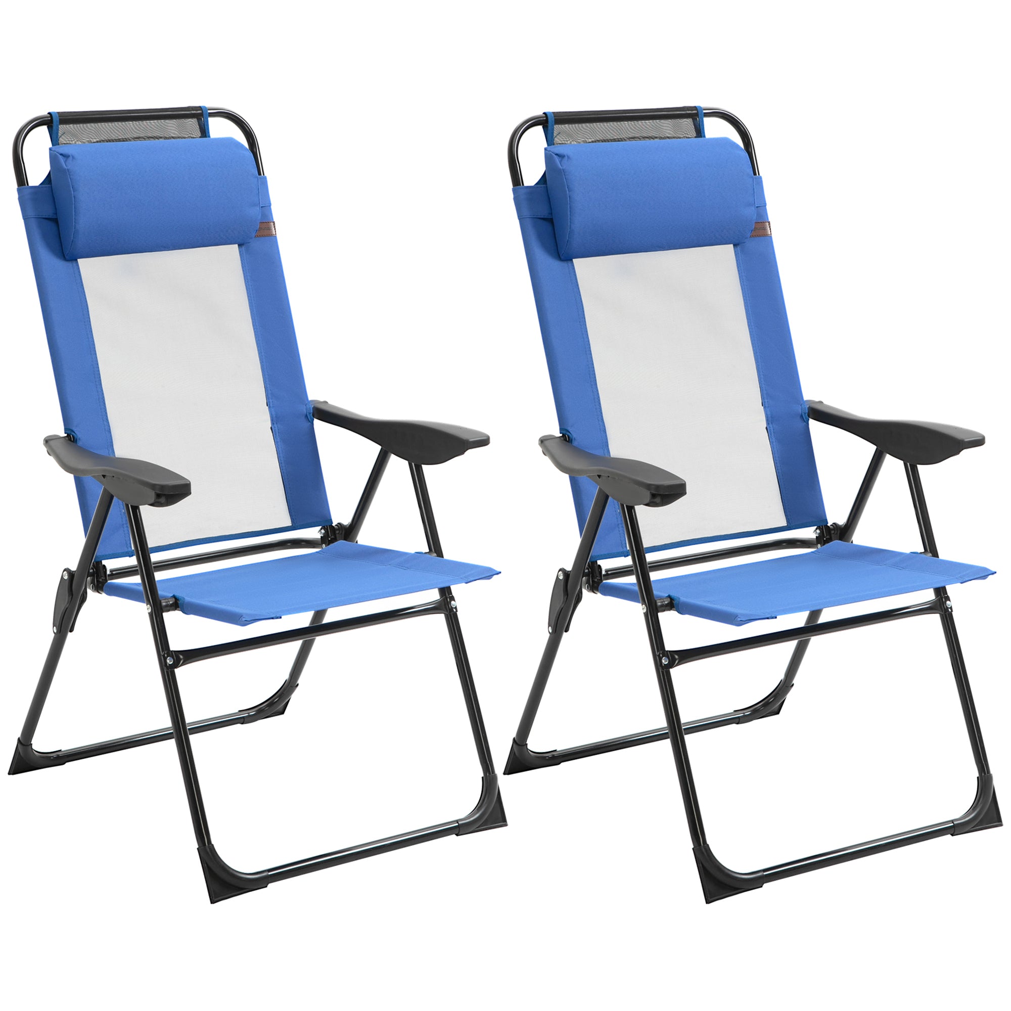 Outsunny Folding Garden Chairs Set of 2, 5-Position Recliner Camping Chair with High Back, All Weather Texteline Seat, Portable Outdoor Dining Chairs with Headrests for Patio, Picnic, Blue 