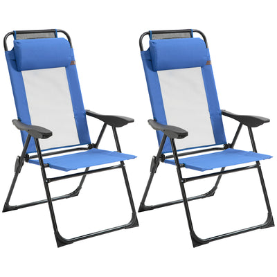 Outsunny Folding Garden Chairs Set of 2, 5-Position Recliner Camping Chair with High Back, All Weather Texteline Seat, Portable Outdoor Dining Chairs with Headrests for Patio, Picnic, Blue 