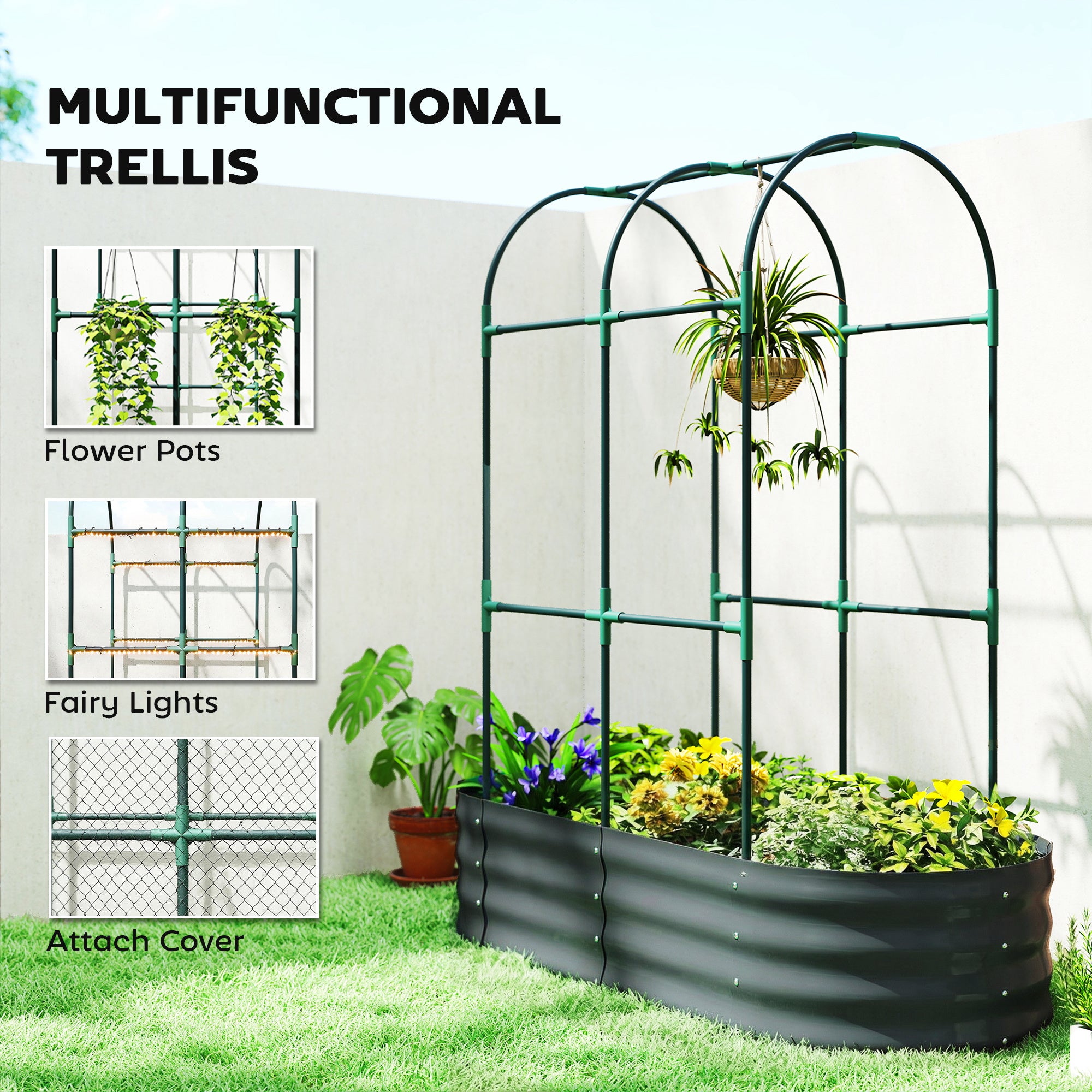 Outsunny Galvanised Raised Garden Bed with Arched Trellis, 4 x 2 x 4.6ft Metal Raised Bed for Garden with Open Bottom, Dark Grey 