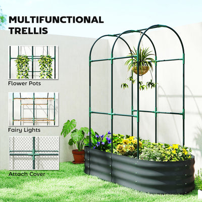 Outsunny Galvanised Raised Garden Bed with Arched Trellis, 4 x 2 x 4.6ft Metal Raised Bed for Garden with Open Bottom, Dark Grey 