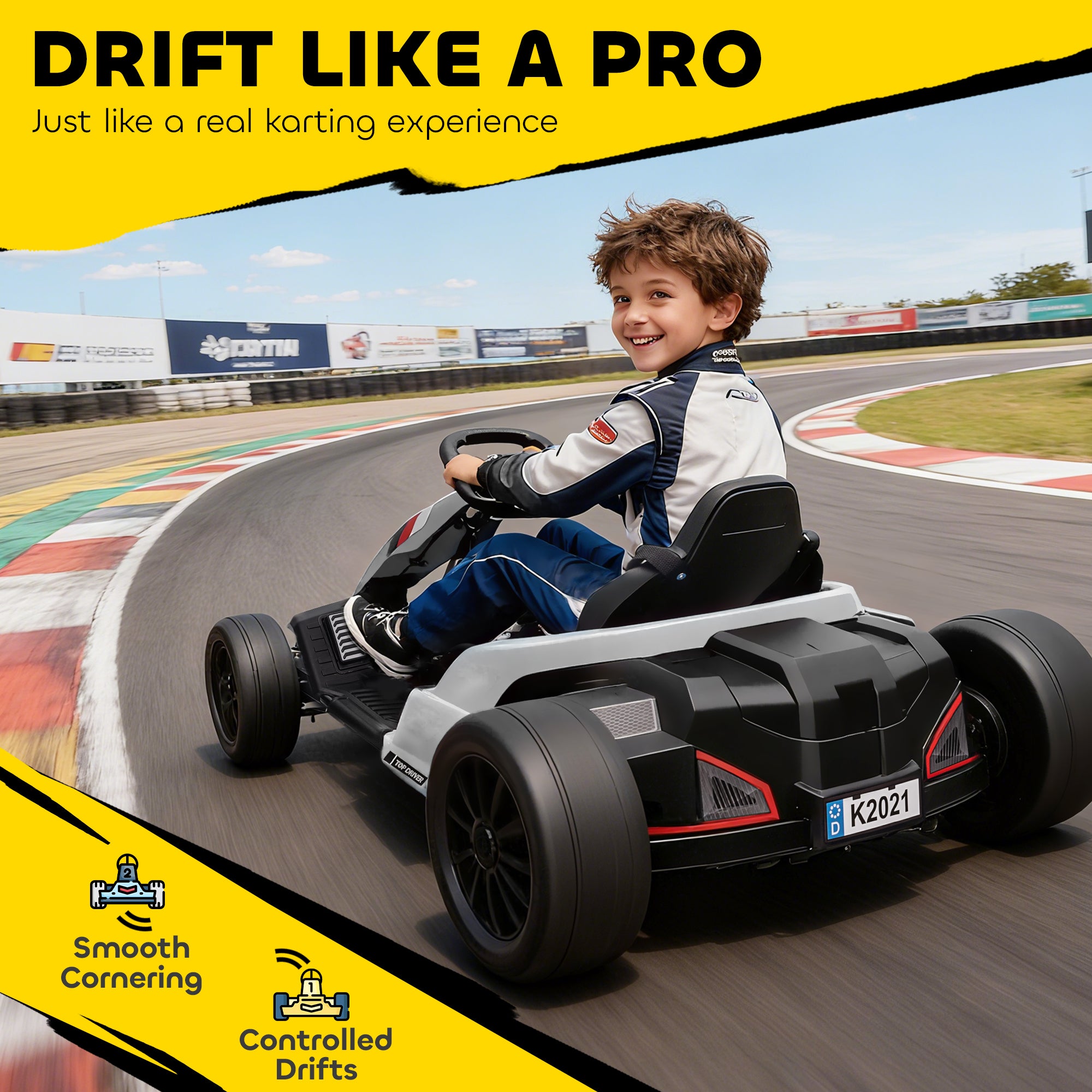 AIYAPLAY 24V Electric Go Kart, Drift Kart with Adjustable Seat, Slow Start, 5-Point Harness, Music, Horn, for 6-12 Years, White 