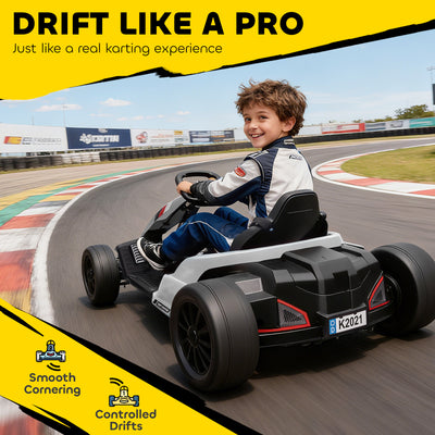 AIYAPLAY 24V Electric Go Kart, Drift Kart with Adjustable Seat, Slow Start, 5-Point Harness, Music, Horn, for 6-12 Years, White 