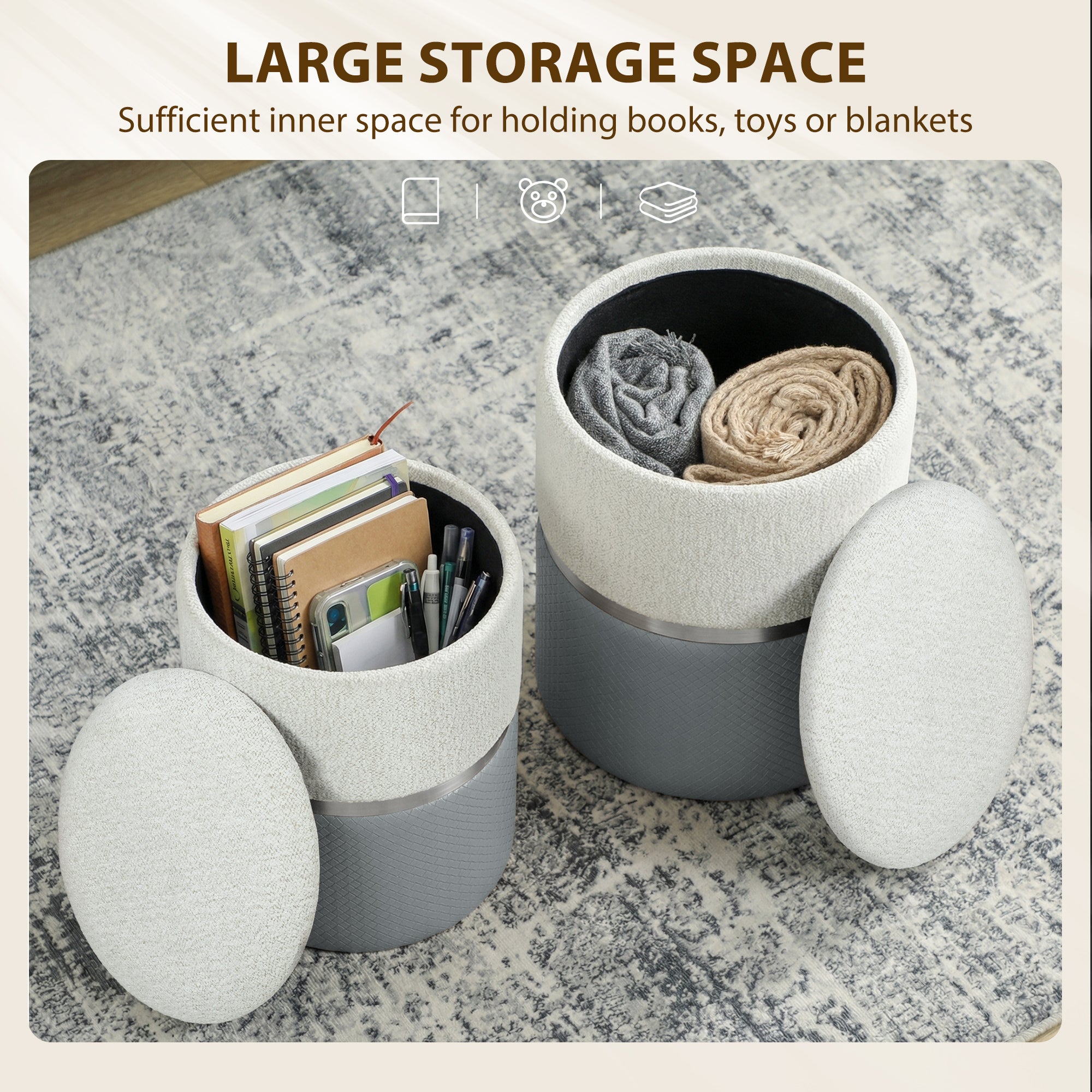 HOMCOM Nesting Round Ottoman with Storage Set of 2 - Cream/Grey 
