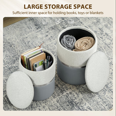HOMCOM Nesting Round Ottoman with Storage Set of 2 - Cream/Grey 