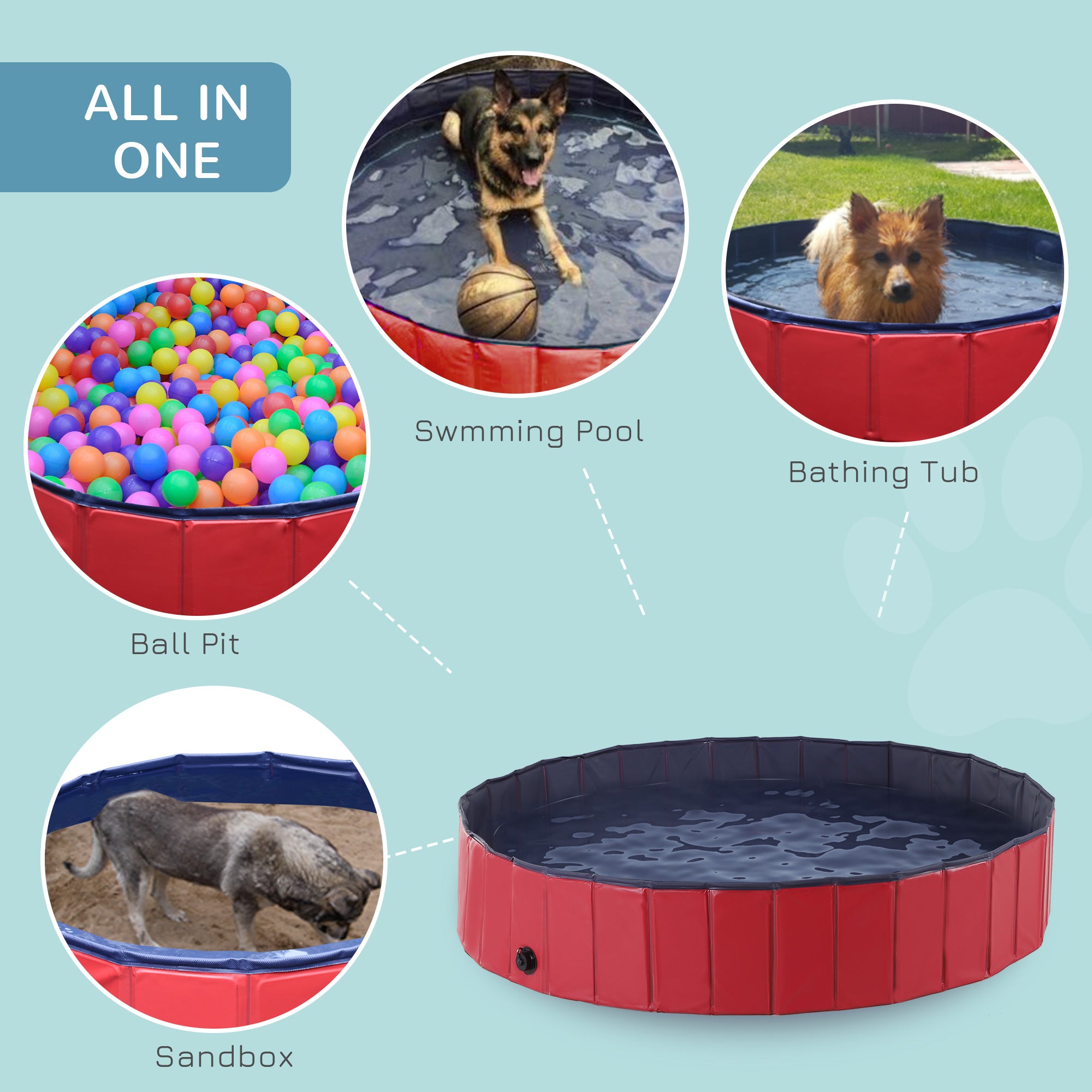 PawHut Foldable Dog Paddling Pool Pet Cat Swimming Pool Indoor/Outdoor Collapsible Summer Bathing Tub Shower Tub Puppy Washer (Φ160 × 30H cm, Red) 