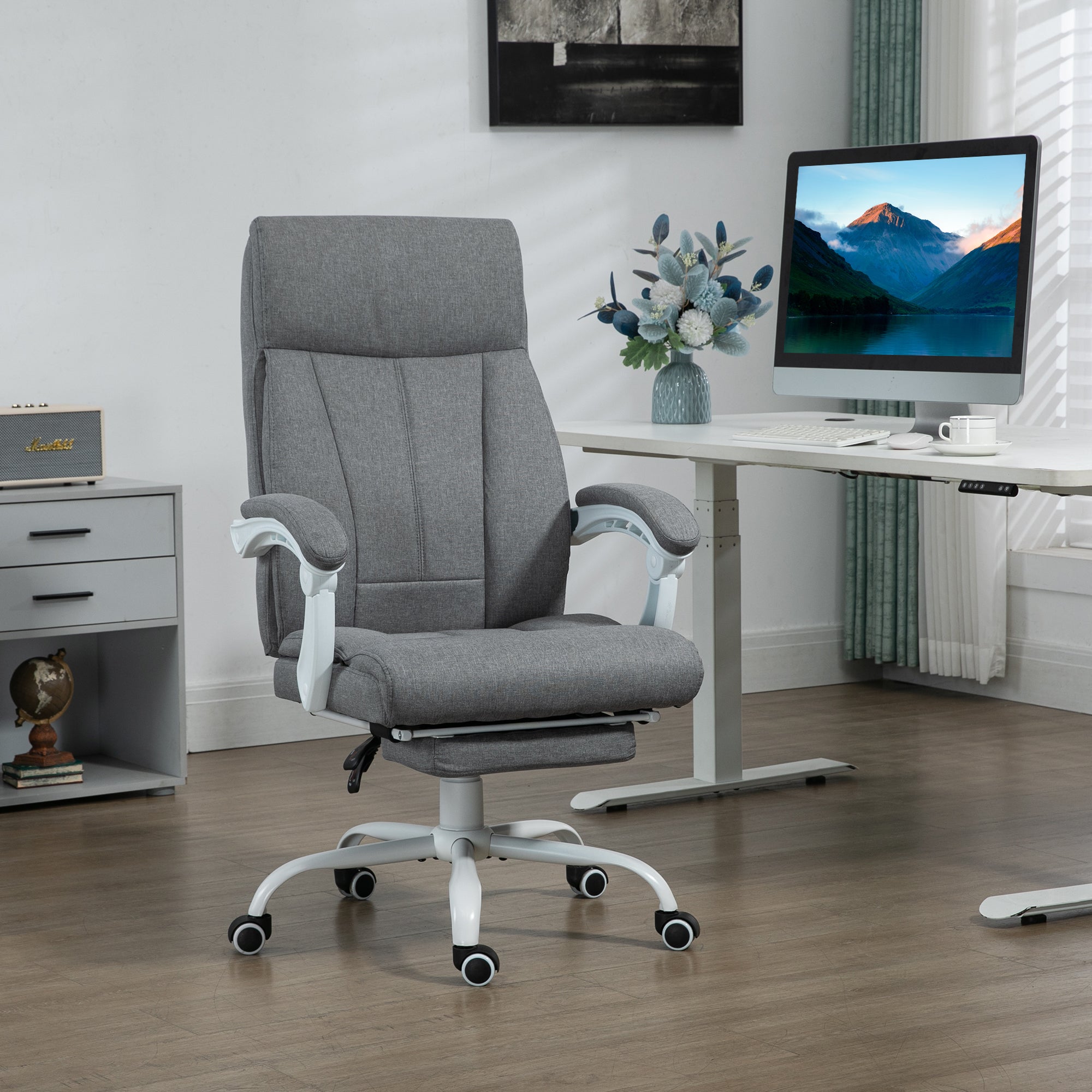 Vinsetto Office Chair, Ergonomic Desk Chair, Fabric Work Study Chair with 155\'c2\'b0 Reclining Back and Footrest, Adjustable Height and Swivel Wheels, Grey