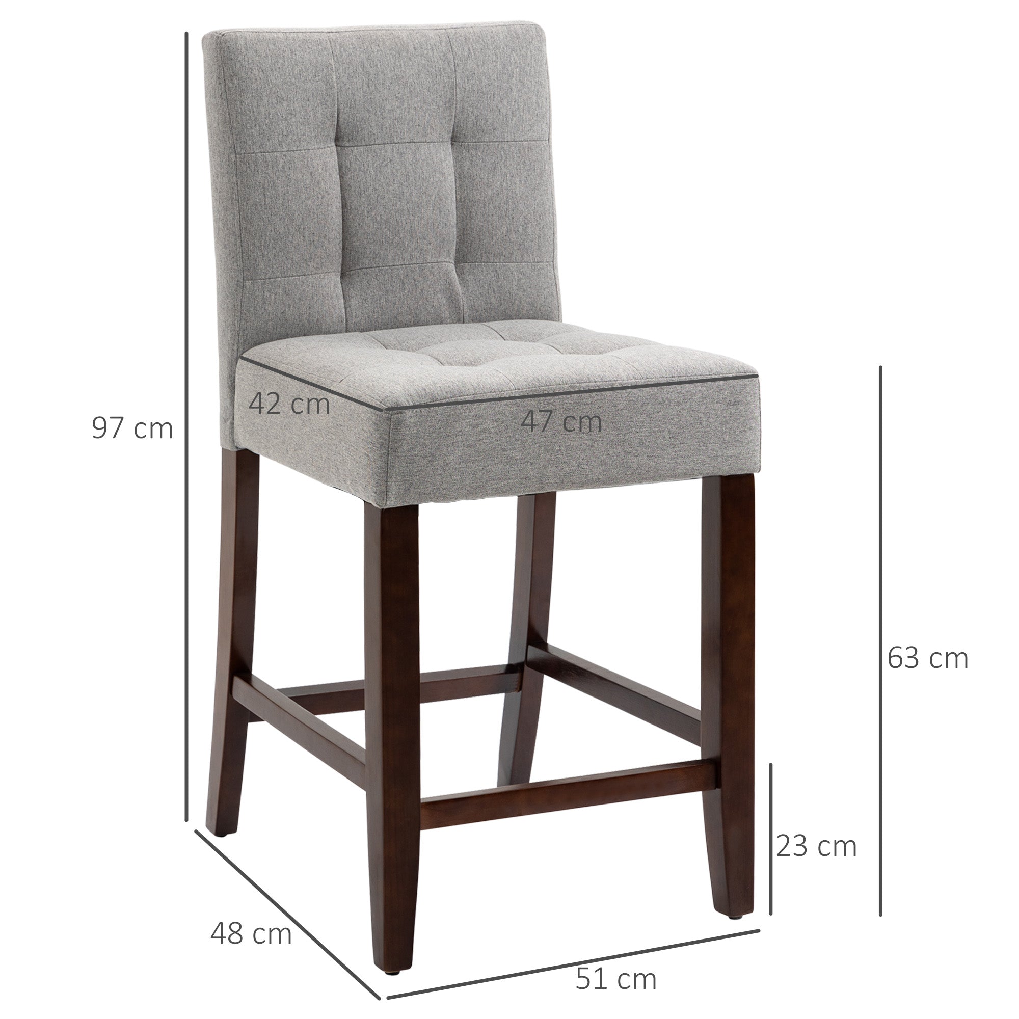HOMCOM Modern Fabric Bar Stools Set of 2, Thick Padding Kitchen Stool, Bar Chairs with Tufted Back, Wood Legs, Grey 