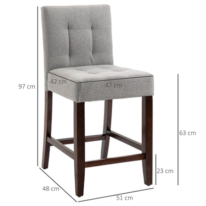 HOMCOM Modern Fabric Bar Stools Set of 2, Thick Padding Kitchen Stool, Bar Chairs with Tufted Back, Wood Legs, Grey 
