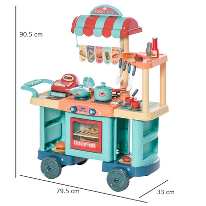 HOMCOM 50 Pcs Kids Kitchen Play set Fast Food Trolley Cart Pretend Playset Toys with Play Food Cashier Register Accessories Gift for Boys Girls Age 3-6 