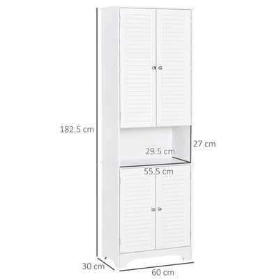 HOMCOM Tall Freestanding Bathroom Cabinet Retro Shutters w/ 3 Compartments Shelves Elevated Base Narrow Organiser White 60L x 30W x 182.5H cm 