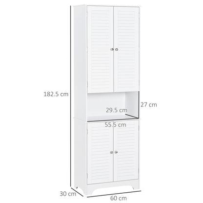 HOMCOM Tall Freestanding Bathroom Cabinet Retro Shutters w/ 3 Compartments Shelves Elevated Base Narrow Organiser White 60L x 30W x 182.5H cm 