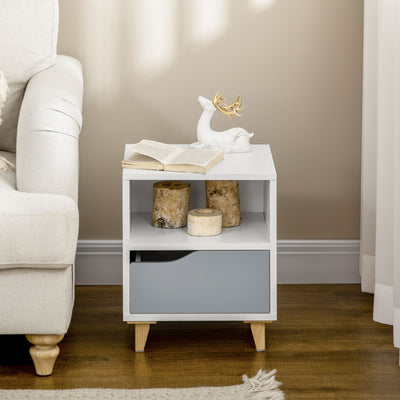 HOMCOM Set of 2 Modern Bedside Tables with Shelves, Drawers and Wood Legs, 36.8cm x 33cm x 43.8cm, White and Grey 