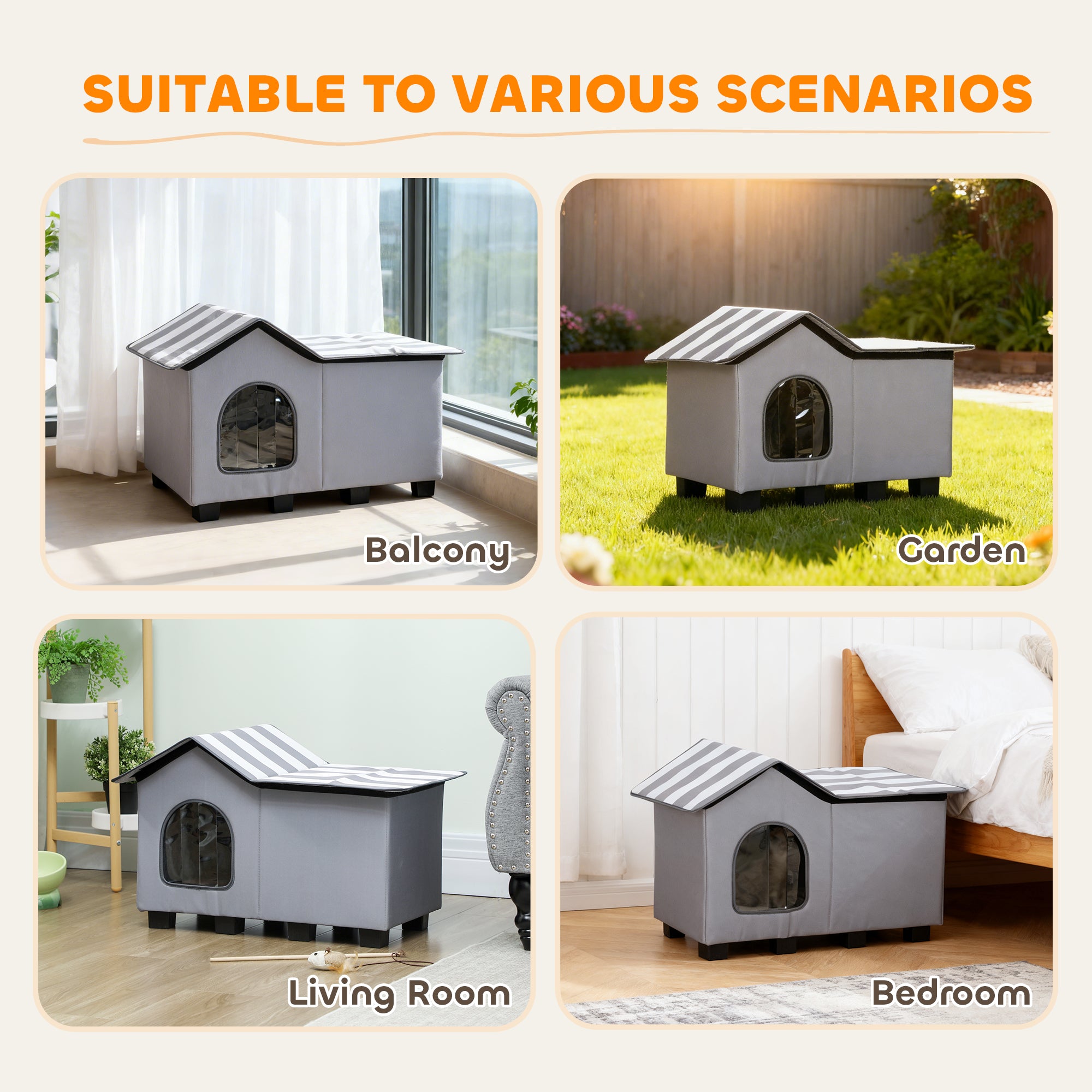 PawHut Outdoor Cat House, Weather Resistant Feral Cat Cave with Elevated Base and Cushion for Winter, Grey 