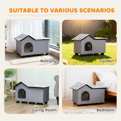 PawHut Outdoor Cat House, Weather Resistant Feral Cat Cave with Elevated Base and Cushion for Winter, Grey 