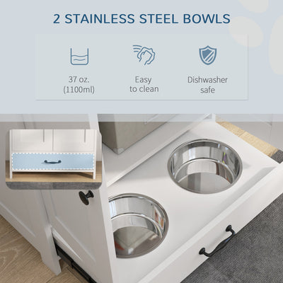 PawHut Pet Feeding Station with Raised Dog Bowls, Adjustable Panel, Hooks, Dog Food Storage Cabinet, White 