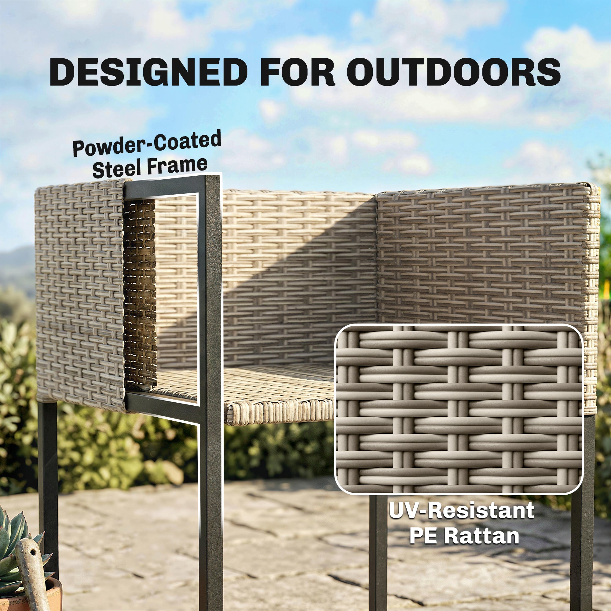 Outsunny 7 Piece Rattan Garden Furniture Set, Garden Dining Set with Wood-Plastic Table and 6 Stackable Chairs, Light Grey 