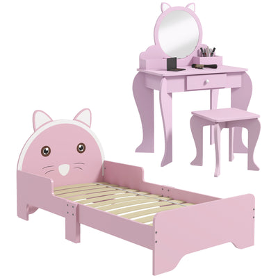 ZONEKIZ Wooden Kids Bedroom Furniture Set with Kids Dressing Table, Stool, Bed, for 3-6 Years, Cat-Design 