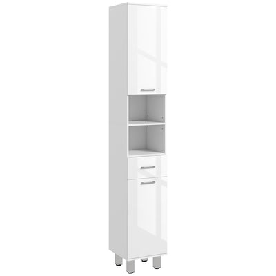 kleankin 71" Tall Slim Bathroom Storage Cabinet, Tall Narrow Cupboard with Drawer, Open Shelves, 2 Doors Cabinets and Adjustable Shelves for Kitchen, Hallway, Living Room, High Gloss White 