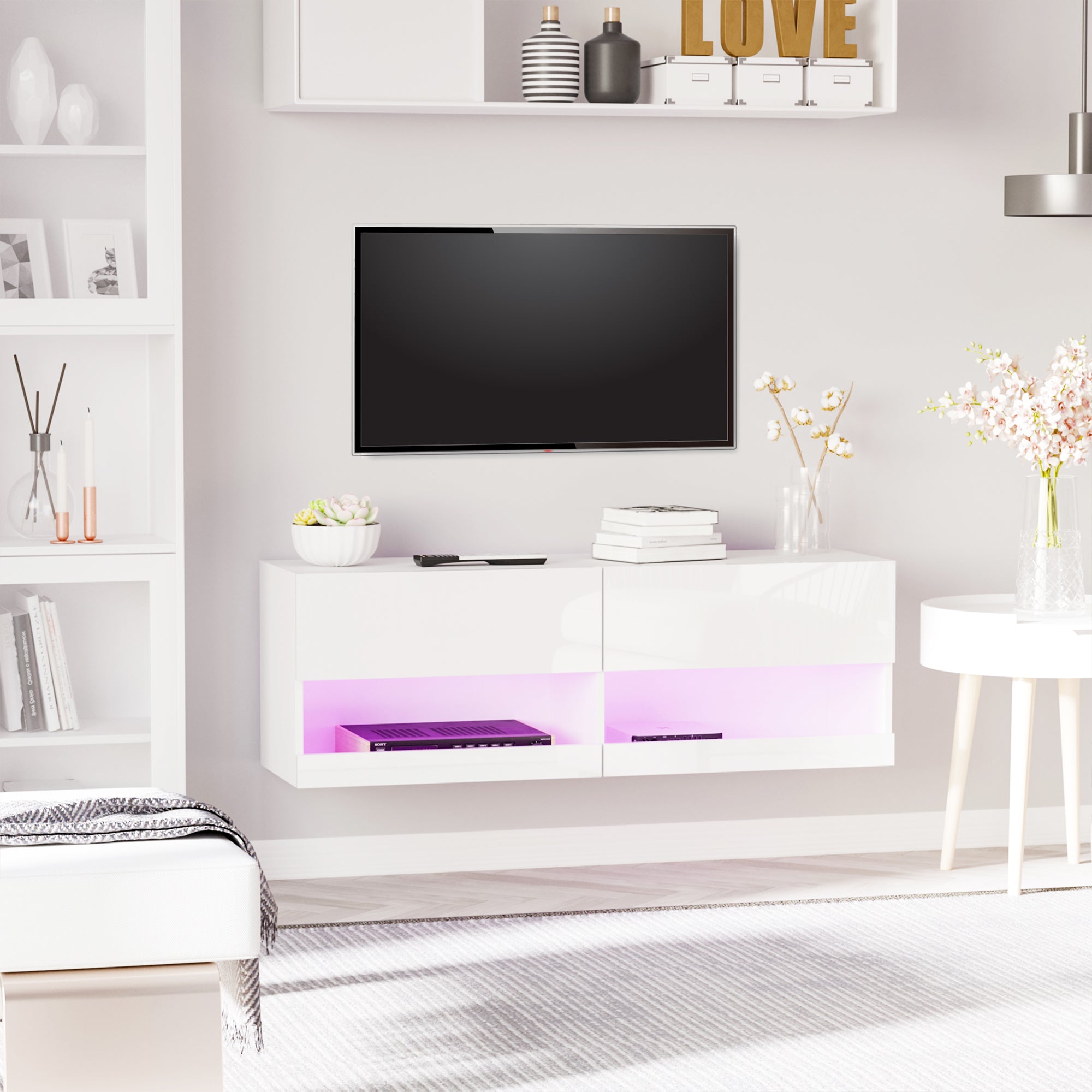 HOMCOM High Gloss TV Stand Cabinet with LED Lights, Wall Mount Media Unit for TVs up to 42 Inch for Living Room Bedroom 