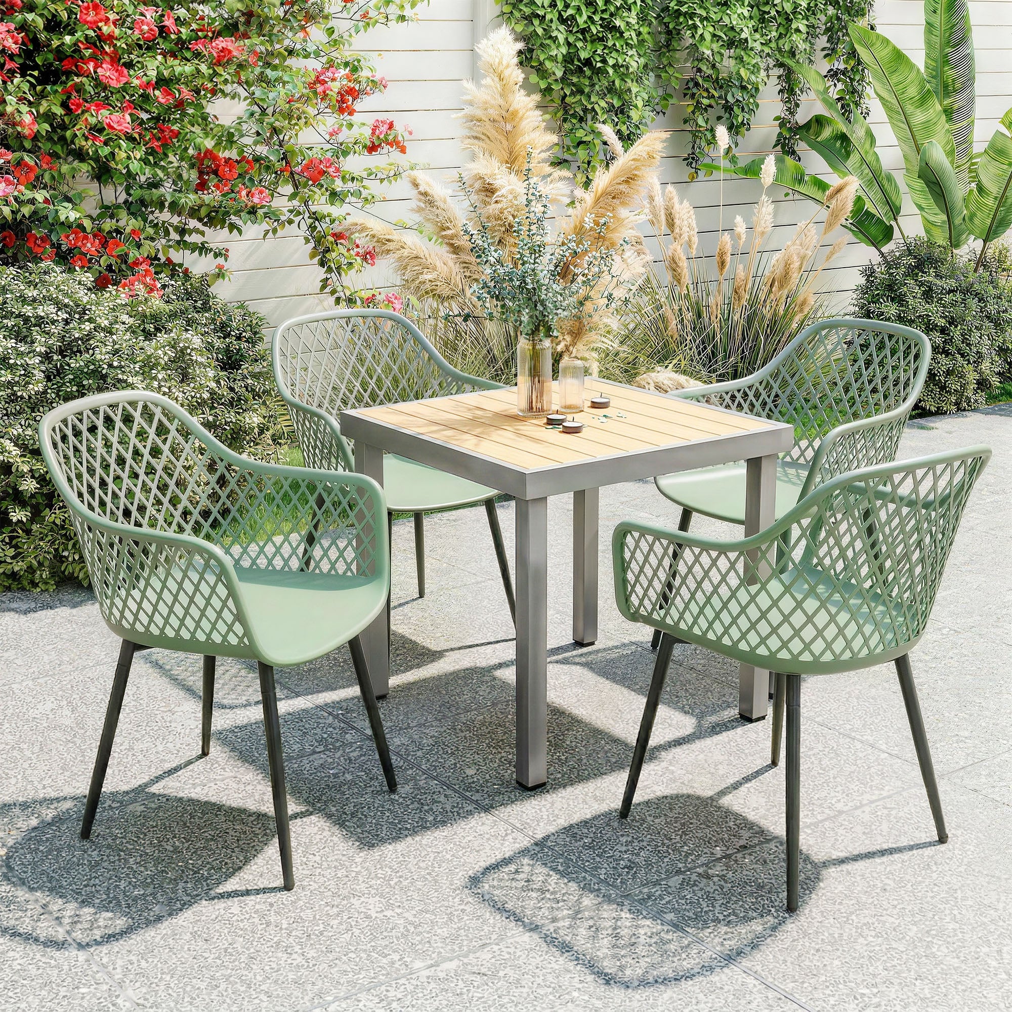 Outsunny Garden Chairs Set of 4, Garden Dining Chairs with Cut Out Diamond Back and Armrests for Patio, Balcony, Terrace, Green 