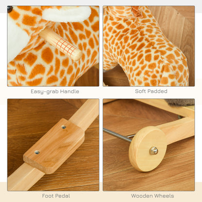 HOMCOM 2 In 1 Kids Todder Rocking Horse Plush Ride On Giraffe Rocker with Wheels Wooden Base Animal Sounds for 3-6 Years 